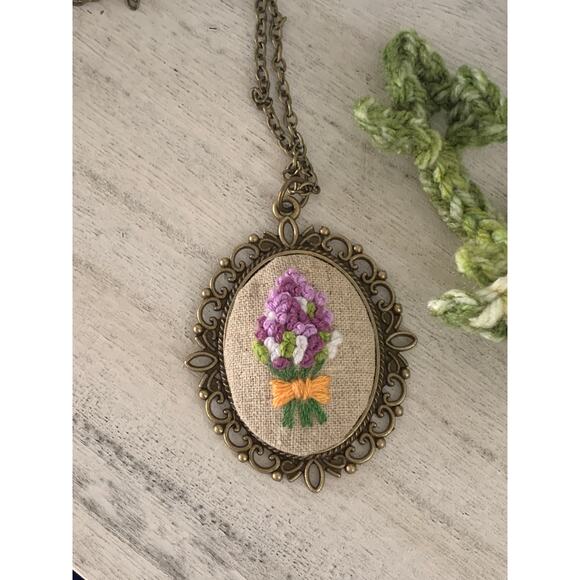 Lavender Bouquet Flower Embroidery Necklace, Handmade Pendant - Picture 5 of 7